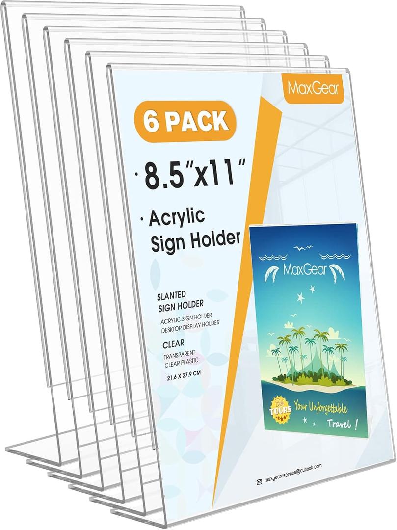 MaxGear 6 Pack Acrylic Sign Holder 8.5 X 11, Plastic Paper Holder With Vertical Slanted Back, Picture Photo Frames Display Stand Flyer and Document Organizer for Office Desktop Use
