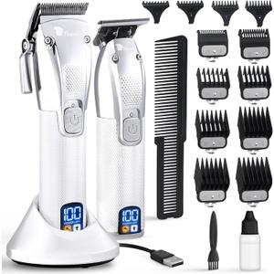 Fagaci Professional Hair Clippers for Men Set Turbo Power with Precise Cutting, Barber Clippers for Hair Cutting, Cordless Hair Clippers and Trimmers Set, Maquina de Cortar Cabello, Haircut Barber Kit (Silver)
