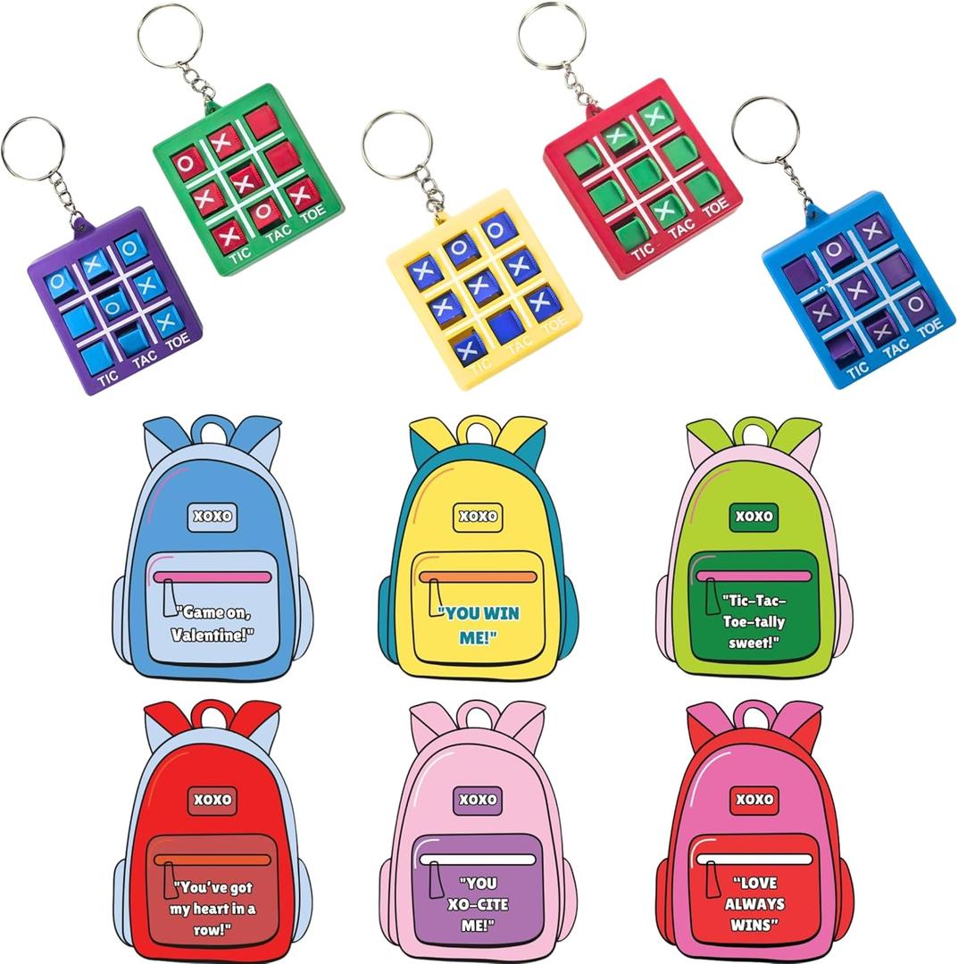 4E's Novelty 24 Pack Classroom Valentine Cards with Tic Tac Toe Keychains Games, Bulk Valentines Day Cards & Gifts for Kids School Valentines Classroom Exchange, Valentines Party Favors