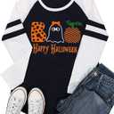 Happy Halloween Ghost Souls Funny Tshirt for Women Long Sleeve Tops Cute Color Block Casual Shirt (Large, White)