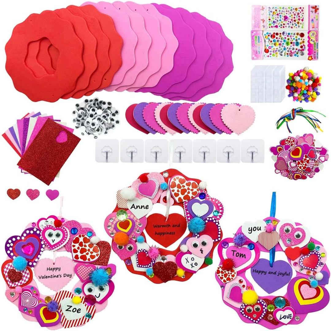 Valentine's Day Foam Heart Craft Kits Valentine Heart Ornaments Decorations 12 Sets Hearts Wreath DIY Crafts Kit Assorted Heart Foam Stickers Pom-poms Googly Eyes for Gift Exchange Activities