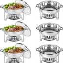 Chafing Dish Buffet Set 6 Pack, 5QT Round Stainless Steel Chafer for Catering in Glass Lid, Chafers and Buffet Warmer Sets w/Food & Water Pan, Lid, Frame, Fuel Holder for Event Party Holiday