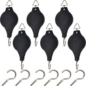 TIHOOD 6PCS Plant Pulley Hanger with 6 PCS Metal Ceiling Plant Hooks, Retractable Plant Hook Pulley, Adjustable Heavy Duty Plant Hanging Pulleys for Garden Baskets & Bird Feeder