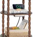 MaxSmeo Side Table with Charging Station, 3-Tier Small End Table with USB Ports and Outlets, Modern Oval Night Stand Accent Table for Living Room, Bedroom, Rustic Brown