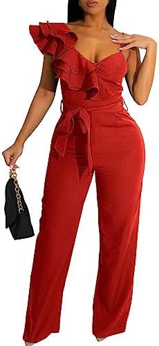 kaimimei Womens Casual Jumpsuits V-Neck Sleeveless Ruffle Backless Belted Wide Leg Pant Sexy Romper Party Clubwear Size S