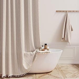 BTTN Extra Long Shower Curtain - 72x84 Long Boho Chic Striped Tassel Linen Fabric Shower Curtain Set with Hooks, Tall Modern Farmhouse Aesthetic Weighted Cloth Shower Curtains for Bathroom - Tan/Taupe