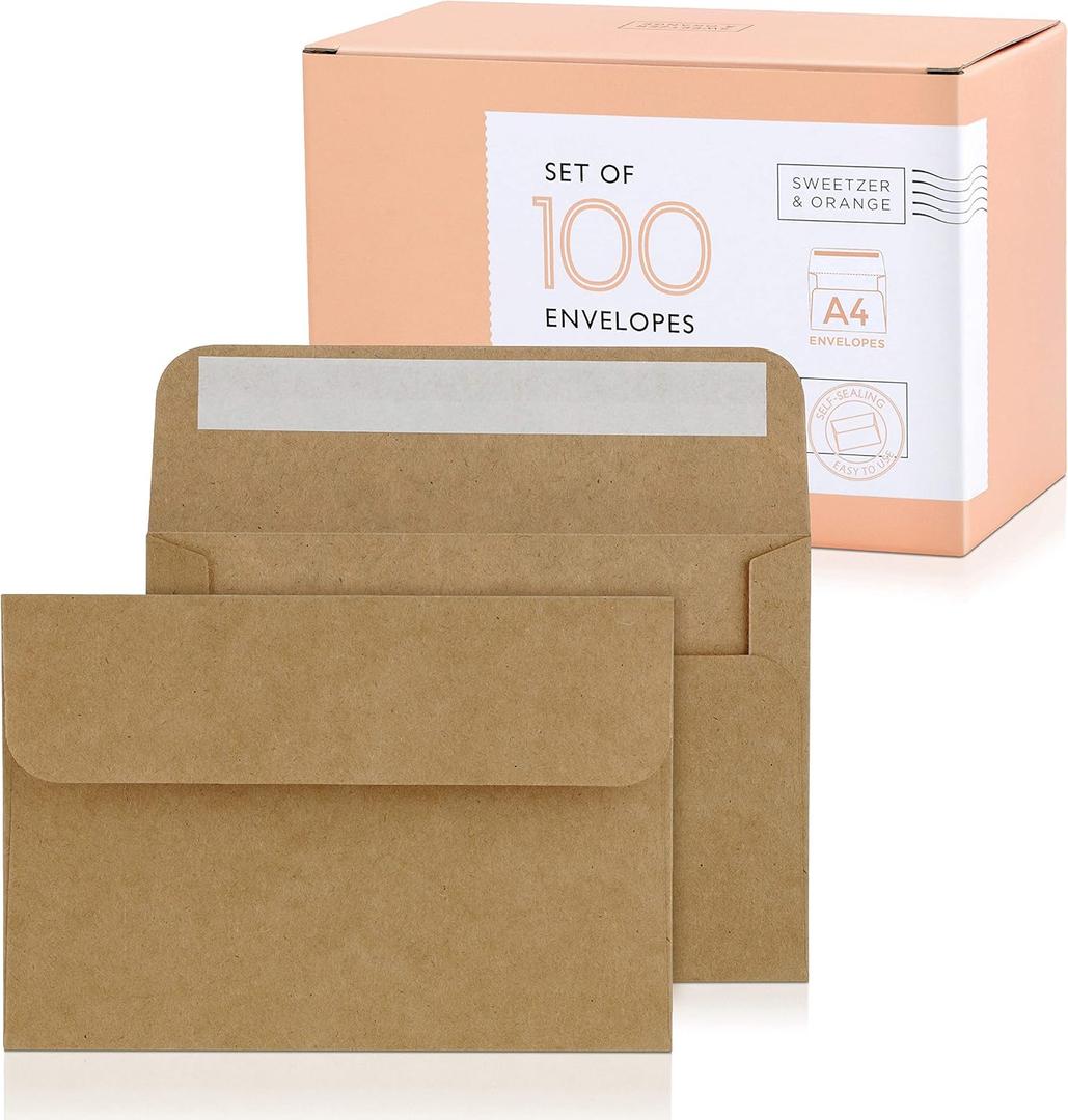 Sweetzer & Orange A4 Brown Self Seal Envelopes, 100 Pack, 4x6 Inches (4.25 x 6.25 in.), Kraft 150gsm, Blank Envelopes for Invitations, Wedding, and Mailing