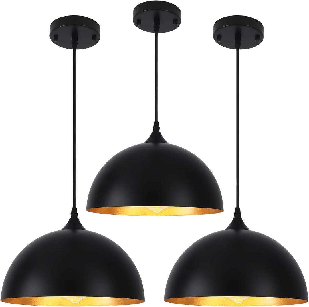 3 Pack Black Pendant Lights for Kitchen Island 11.8" Modern Pendant Lighting Fixtures Farmhouse Vintage Hanging Ceiling Light Fixture for Dining Room Foyer Hallway Bar Cafe Kitchen Sink Matte Dome