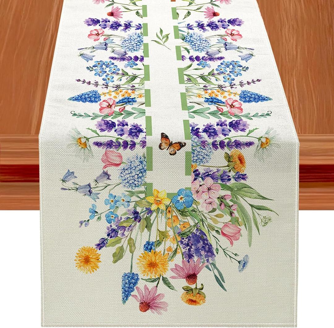 Spring Floral Table Runner Decorations, Calendula and Lavender Farmhouse Table Scarf - Rustic Cottage Decor for Kitchen Dining Table, Easter or Mothers Day Party, Spring Home Decoration(13 x 72 Inch