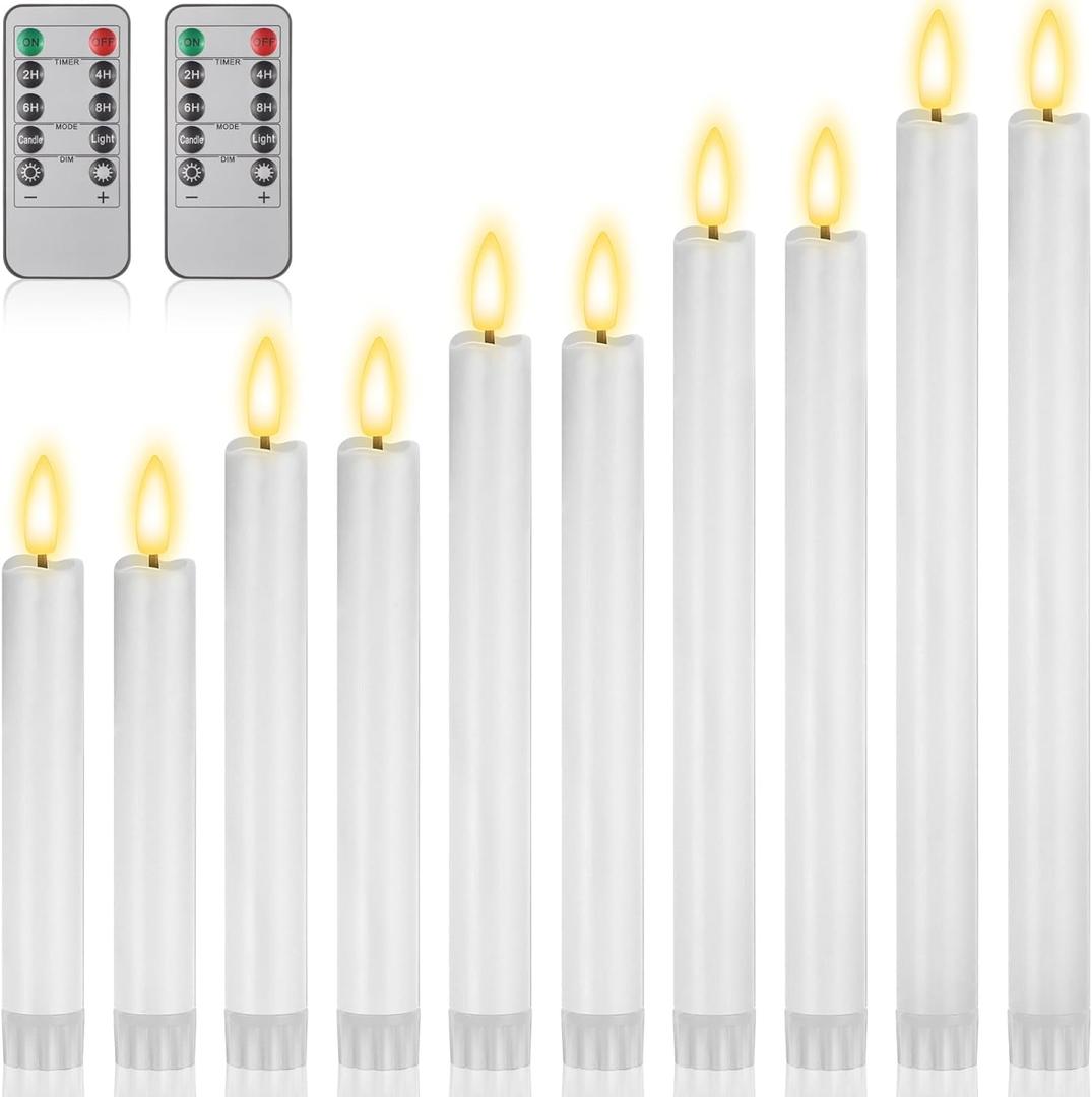 10 Pcs Flameless Taper Candles with Remote Battery Operated Taper Candles Include 6.5'' 7.7" 8.9" 10" 11.2" Fake LED Electric Candle Sticks for Valentine's Day Home Wedding Decor (White)