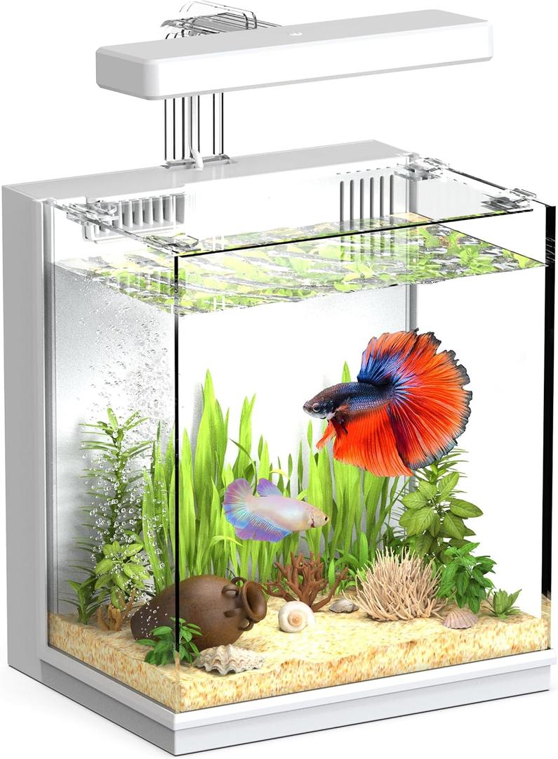 AQUASMITH 2-Gallon All-in-One Fish Tank Silent Pump, 3-Stage Filtration & Easy Water Change, Perfect Self-Care Betta Aquarium Kit for Kids & Beginners (White
