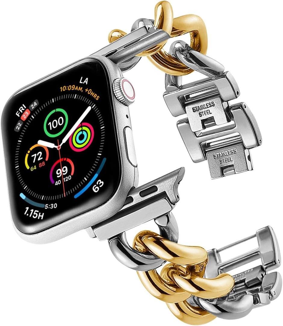 ALAMHI Compatible With Apple Watch Band 38mm/40mm/41mm, Gold Cowboy Chain Stainless Steel Metal Wristband Women Men Replacement for iWatch SE Series Ultra/9/8/7/6/5/4/3/2/1