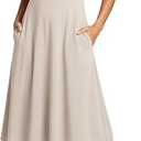 ODODOS Square Neck Midi Dress with Pockets for Women Summer Casual Sleeveless Sundress Flare Tank Dress, Taupe Small