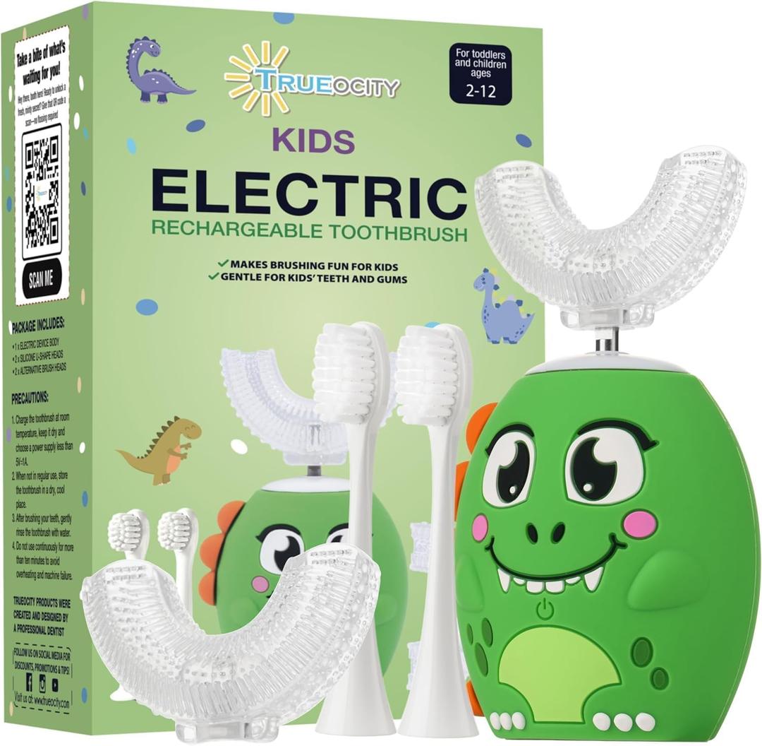 Trueocity Kids U Shape Toothbrush Auto Electric Toddler Rechargeable Kids Automatic Toothbrush | 360 U-Shaped Silicone Brush Head | Gentle Cleaning for Ages 27 | Dinosaur Design (Green)