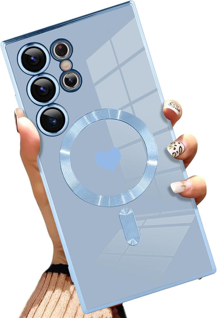 AIGOMARA Magnetic Case for Samsung Galaxy S24 Ultra [Wireless Charging Compatible] Heart Design Soft TPU Electroplated Phone Cover Anti-Scratch Shockproof Case for Women - Blue