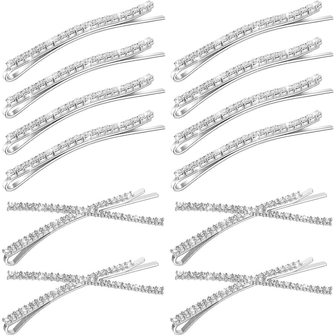 12 Pieces Rhinestone Bobby Pins Decorative Fancy Crystal Hair Clips Shiny Metal X Shaped Barrettes Bling Diamond Wedding Bridal Shower Hair Accessories for Women Ladies Girls (Silver)