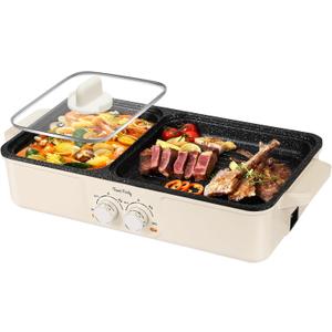 Food Party Hot Pot Electric Grill 2 in 1 Korean BBQ Grill Indoor Smokeless Hotpot Pot Electric Cooker Sahabu Shabu Pot Non Stick (Large)