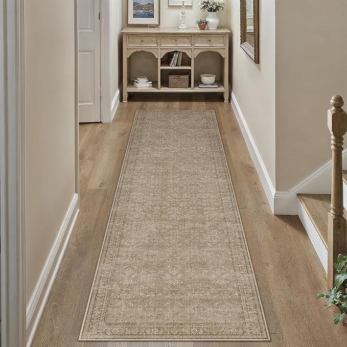 2x8 Light Brown Area Rug Runners for Hallways Washable Vintage Distressed Carpet Low Pile Non Slip Indoor Retro Soft Long Accent Rug Bedroom Kitchen Bathroom Laundry Dining Living Room