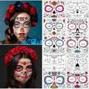 Day of the Dead Face Tattoos 10 Sheets - Halloween Temporary Tattoos Sticker Kit Día de Los Muertos Glitter Red Roses Skeleton Sugar Skull Fake Tattoo for Halloween Makeup on Face Body