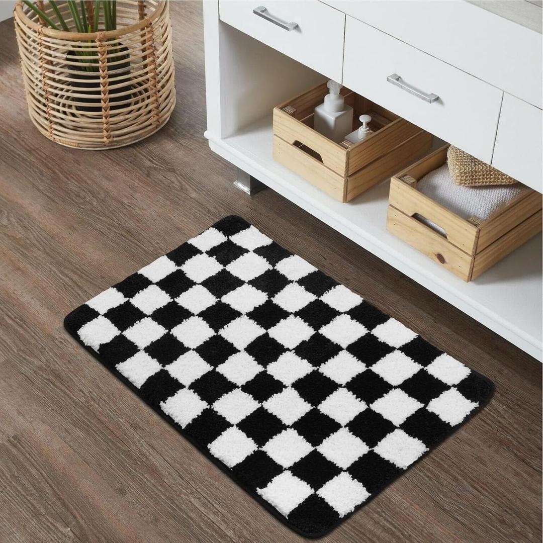 Uphome Bath Mats for Bathroom, Black and White Checkered Machine Washable Bathroom Rug Non Slip, 18x26 Water Absorbent Soft Microfiber Bathroom Mat for Tub, Shower, Floor
