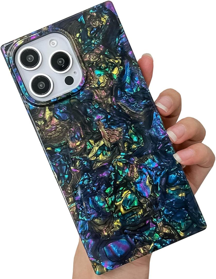 KERZZIL Elegent Girly Mother Shell Pearl Compatible with iPhone 16 Pro Max Rectangle Edge Case,Chic Slim Colorful Abalone Pearl Soft TPU Silicone Protective Cases Cover(Abalone,16 Pro Max)