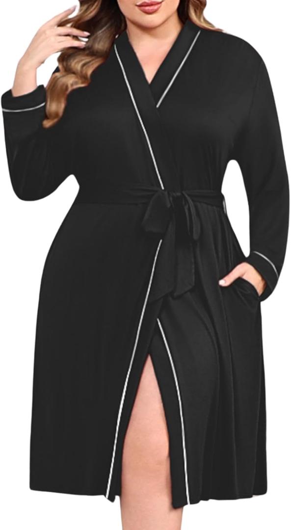 Ekouaer Plus Size Robes for Women Lightweight Bathrobe V Neck Kimono Loungewear Soft Maternity Robes with Pockets Black, 3X