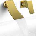 SKOWLL Ti Gold Waterfall Wall Mounted Bathroom Faucet, Single Handle Bathroom Sink Faucet with High Filler Tub Spout, Modern Brass Valve Included