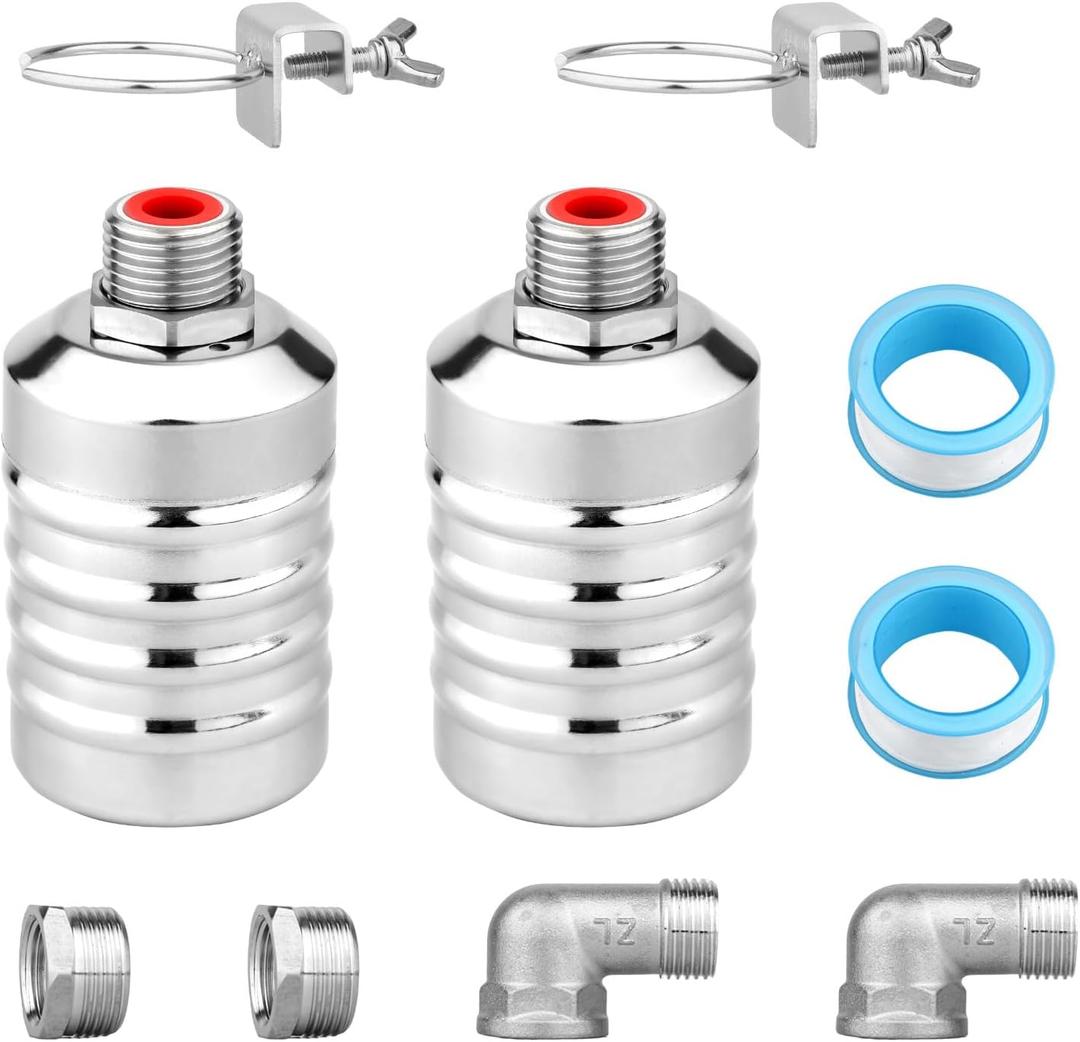 2pcs Water Float Valve, Stainless Steel Automatic Water Level Control Float Valve 1/2in and 3/4in Connection Types for Fish Tank Swimming Pool Livestock Trough