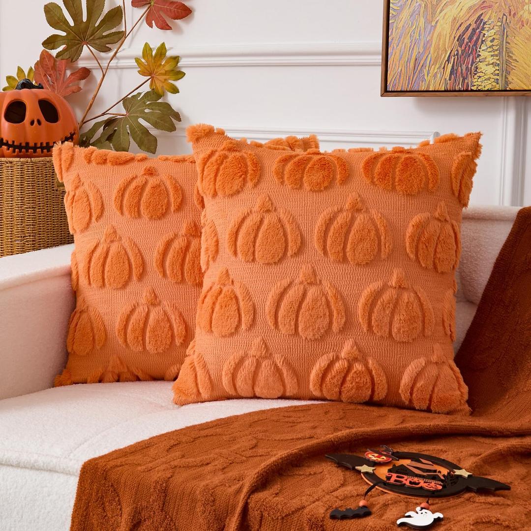 UGASA Fall Pumpkins Pillow Covers 20x20 Inch 2 Packs Soft Plush Faux Wool Fur Pillowcases Throw Pillows Autumn Halloween Home Decor for Couch Sofa Chair Bed, Orange