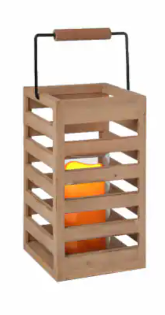 slatted wooden lantern with a black metal handle and natural finish 11"