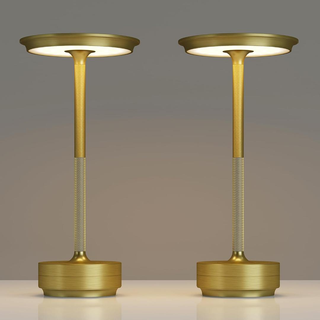 TBBGA 2 Pack Rechargeable Cordless Table Lamps, Portable 5000mAh Battery Table Light, 3 Color Stepless Dimming LED Table Light with Memory Function, for Outdoor/Dinner/Patio/Restaurant.(Gold)