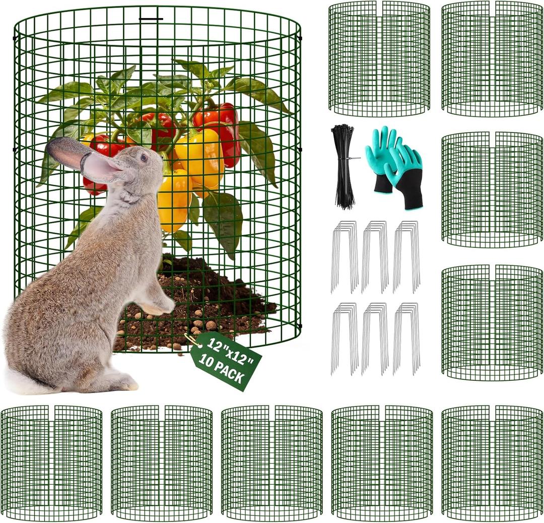 Uyittour 10 Pack Plant Protectors from Animals, 12" x 12" Round Metal Wire Garden Plant Cages to Keep Animals Out, Rabbit Proof Protection for Vegetables & Flowers with Stakes, Zip Ties & Gloves