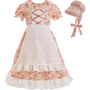 CR ROLECOS Prairie Pioneer Dresses for Girls Colonial Pilgrim Costumes Dress (X-Large, Pink Flower)