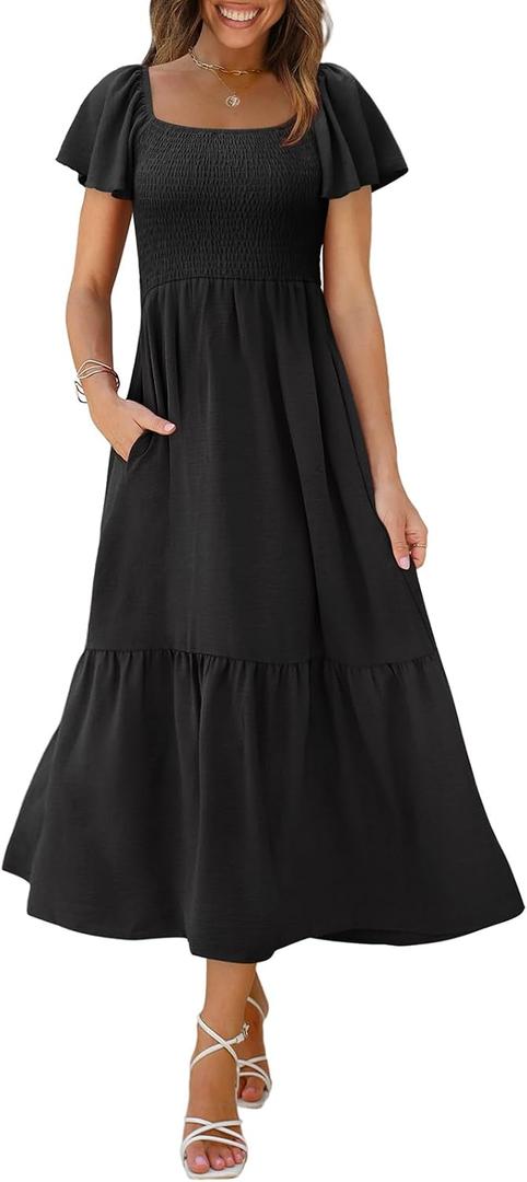 OFEEFAN Summer Dresses for Women Square Neck Ruffle Sleeve Smocked Maxi Dress with Pockets (XX-Large)