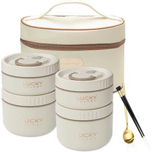 Stainless Steel Bento Box Adult Lunch Box, bento box with thermos,Portable Insulated Food Lunch Container Set with Thermal Lunch Box, 4 Separate Stackable Lunch Container Microwave (Beige 68oz)