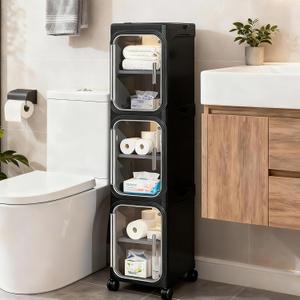 3-Tier Tall Narrow Storage Cabinet, Slim Bathroom Storage Cabinet with Adjustable Shelves and Wheels, Narrow Organizer for Small Space, Bathroom, Kitchen, Laundry, Black