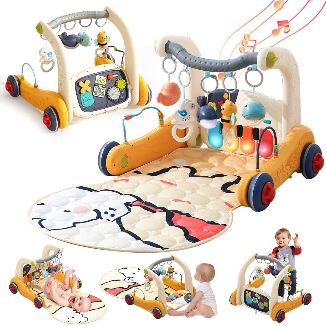 Baby Play Mat Gym,4-in-1 Baby Kick and Play Piano Tummy Time Mat Learning Walker-Musical Activity Center with Lights Seat and Push Walkers Ideas for Baby Newborn 0-6-12 18 Months Boy Girl