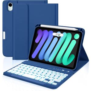 Cousper for iPad Mini 7 Keyboard Case A17 Pro 2024/iPad Mini 6 Generation Case with Keyboard 2021 8.3 Inch, Pencil Holder, 7 Color Backlit Detachable Keyboard Cover for iPad Mini 7th/6th Gen,Navy Blue