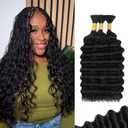 Human Braiding Hair for Boho Braids 120g 3 Bundles Deep Wave Curly Bulk Human Hair for Braiding Knotless Bohemian Natural Color (1B, 12 Inch)