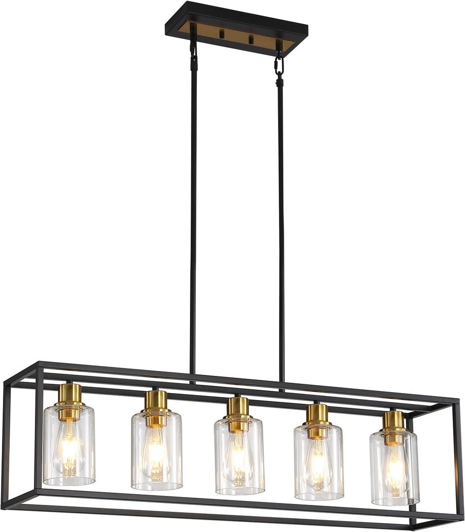 5-Light Kitchen Island Lighting, Farmhouse Pendant Island Light Fixture with Glass Shades, Black and Gold Chandelier for Dining Room, Restaurant, Foyer