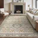 Bavni Washable Rug 8x10 Area Rug for Living Room Bedroom Dining, Washable Vintage Print Carpet, Ultra-Thin Chenille Low Pile Lightweight Rug with Non Slip Backing, Warm Gray Light Gold
