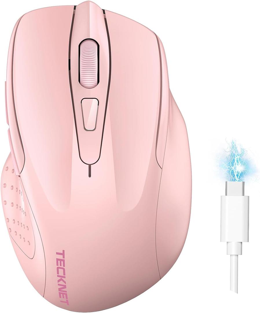 TECKNET Wireless Mouse (BT5.0/3.0 & 2.4G) Rechargeable 4800 DPI Silent USB A & Bluetooth Mouse 6 Buttons, Wide Compatibility - Pink