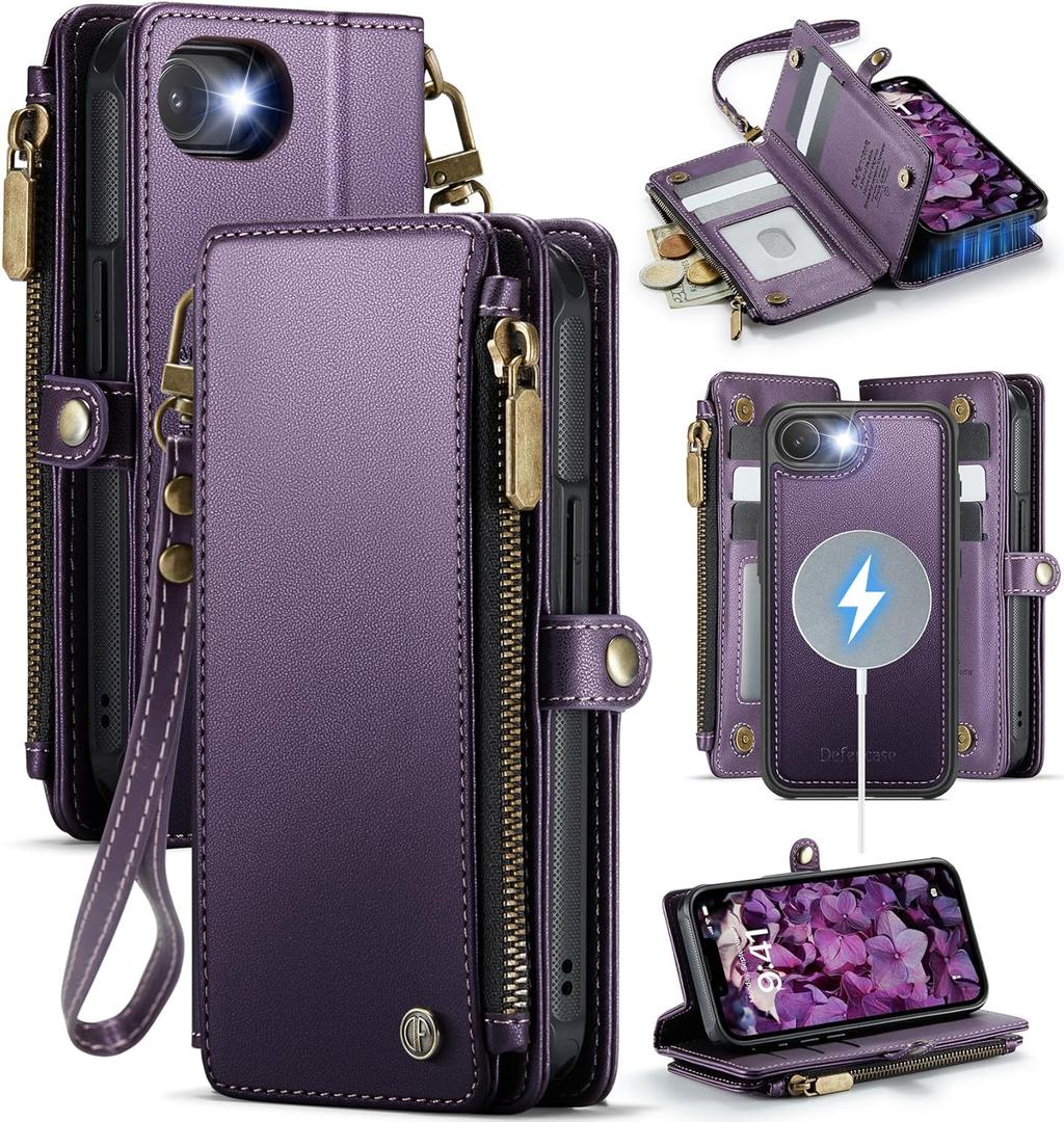 Defencase for iPhone 16E Magnetic Wallet Case Compatible with Magsafe with RFID Blocking Zipper Pocket & Card Holder for Women Men, PU Leather Strap Detachable Case for iPhone 16e 6.1 inches, Purple