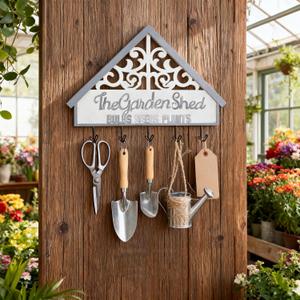 Farmhouse Style "The Garden Shed" Wall Hook Rack, Rustic Metal & Wood Garden Tool Organizer with 5 Hooks, Decorative Wall-Mounted Hanger for Indoor Outdoor Gardening Tools, Keys, Hats, Home Decor