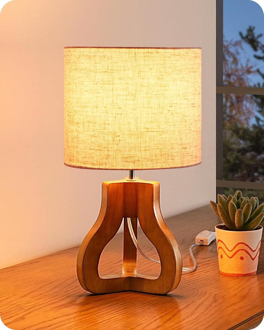 EDISHINE 14.6" Modern Table Lamp, Rose Wood Tripod Nightstand Lamp for Bedroom, Beige Linen Shade, Small Cute Bedside Lamp for Living Room, Office, On-Off Line Switch, E26 Base(Bulb Not Included)