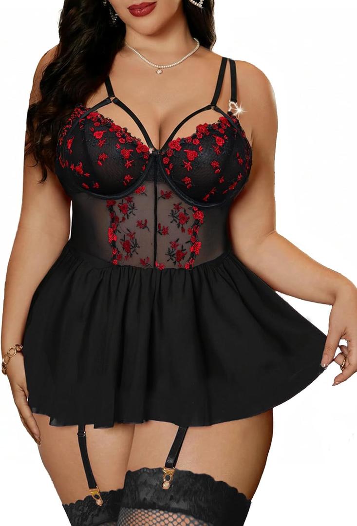 Alrovetoney Plus Size Lingerie For Curvy Women Ruffle Lingerie Set Sexy Lace Lingerie Set Garter Belt With Stockings, XXLarge