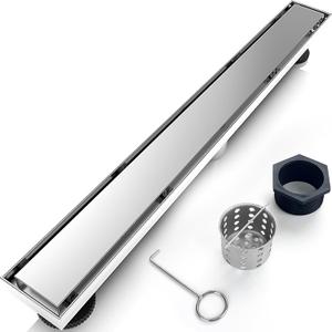 24 Inch Linear Shower Drain Silver Floor Drain for Bathroom Kitchen Rectangular 2 in 1 Floor Drain Tile Insert Cover 304 Stainless Steel Easy Install with Hair Strainer, Adjustable Leveling Feet