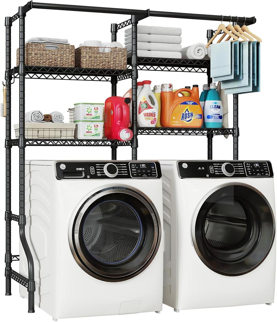 ULIFHOME U14 Medium Over the Washer and Dryer Shelves, 4 Tiers Laundry Room Storage and Organizer System, Space Saving Clothes Drying Rack with 2 Clothes Hanger Rods, 57.8"W x 20.5"D x 77.4"H, Black