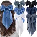 6Pcs Large Bows Hair Clips for Women Girls Long Tail Hair Ribbon Silky Satin Barrettes Coquette Bows Accessories (Black/Lake Blue/Grey Blue/White)