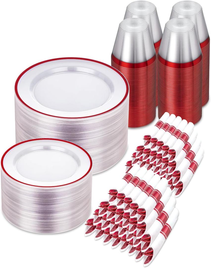 700PCS Red Plastic Plates, Clear Red Disposable Plastic Dinnerware Set for 100 Guests, 200 Plastic Plates, 100 Cups, 100 Pre-Rolled Napkins with Cutlery for Party, Christmas, Birthday, Wedding